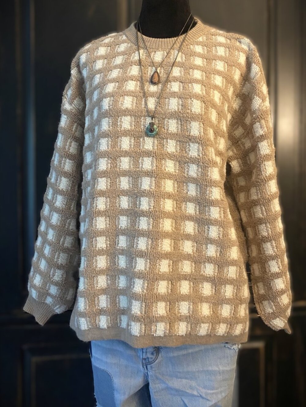 BUTTERMELON Oversized Knit Sweater | Tan and Off-White Checkered Top | Size S